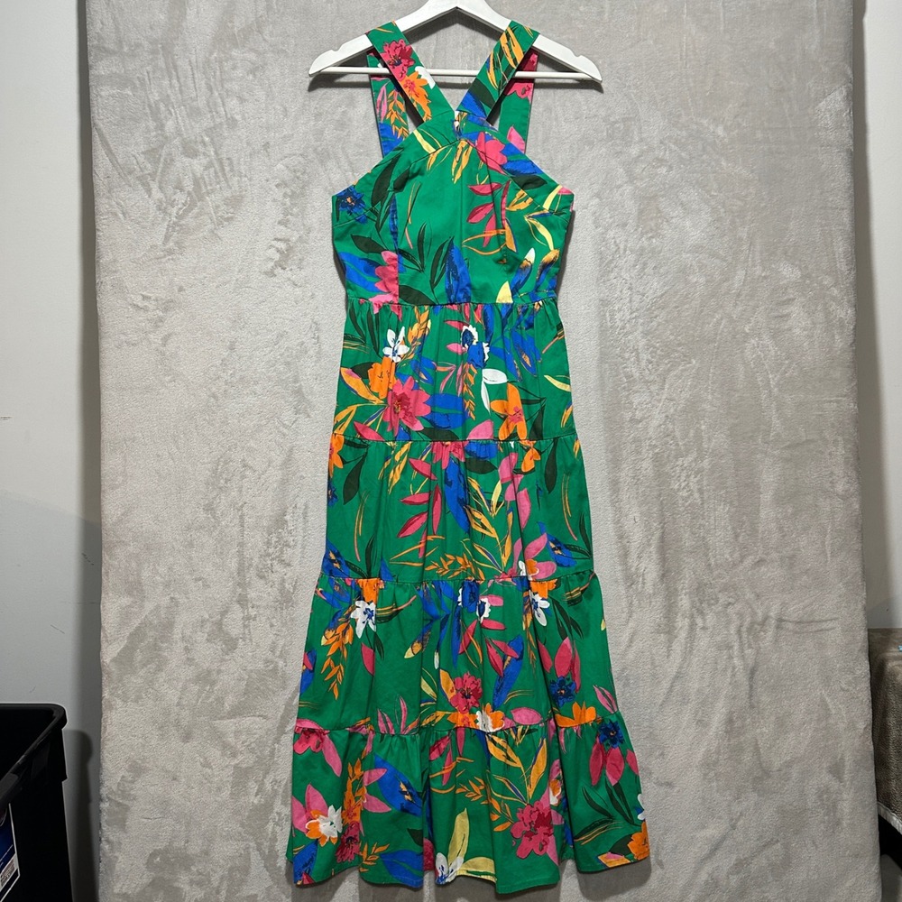 J.Crew Womens Green Floral Tiered Halter Maxi Dress Size 4 Cotton Stretch